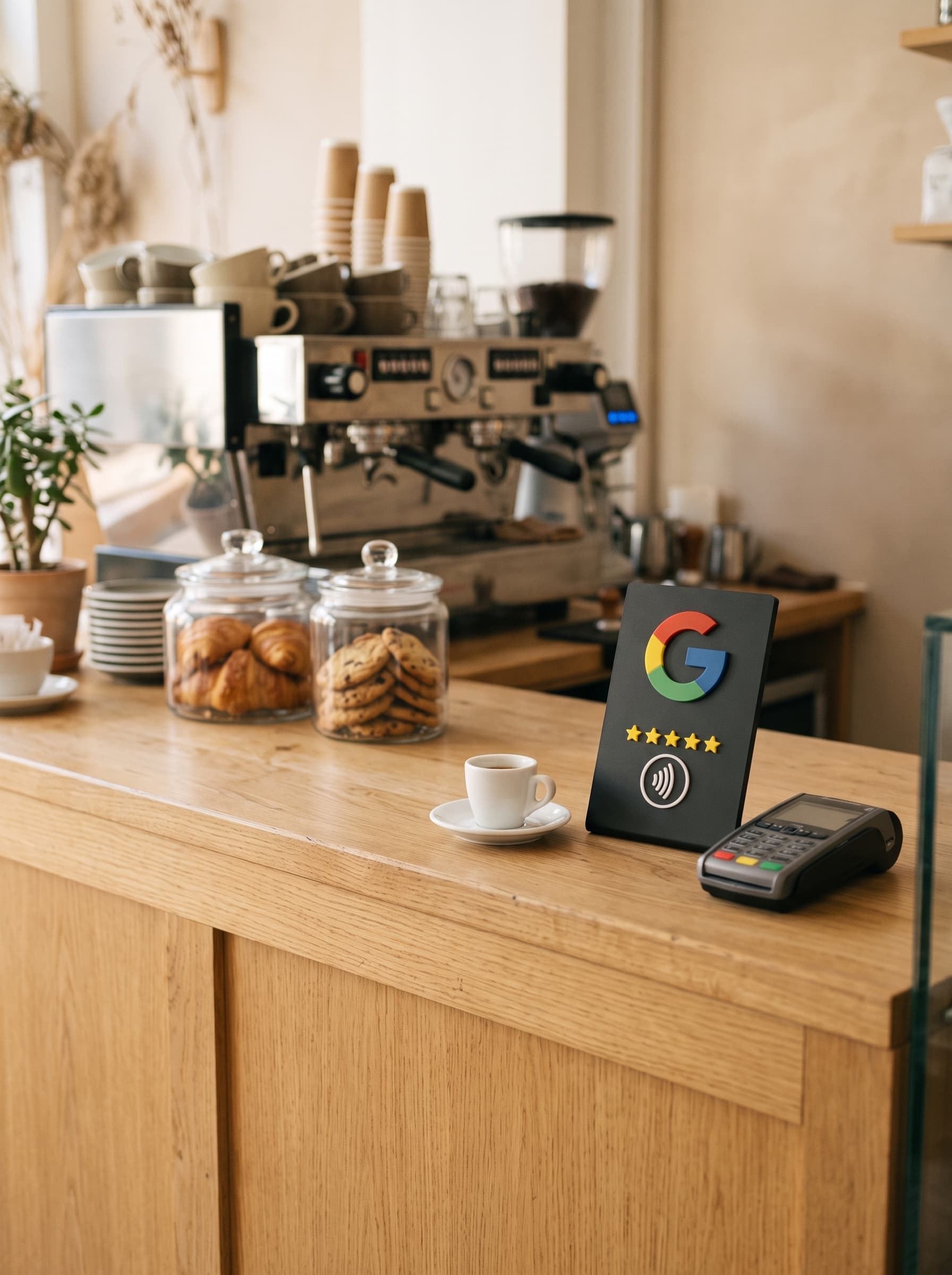 Placa AvaliaTap no balcão de um café, ao lado da maquininha de cartão e de uma xícara de espresso