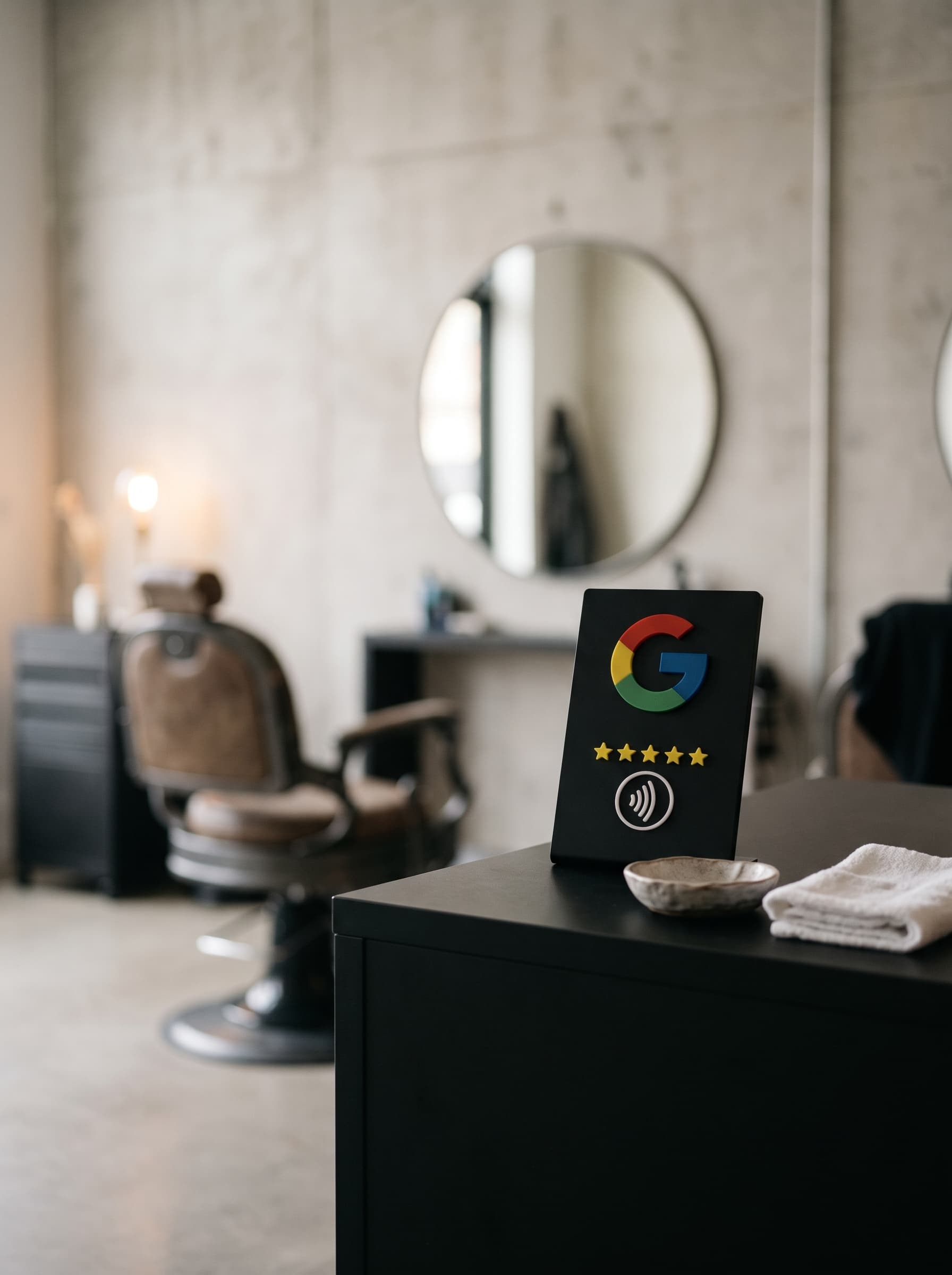 Placa AvaliaTap no balcão preto da recepção de uma barbearia, com a cadeira ao fundo